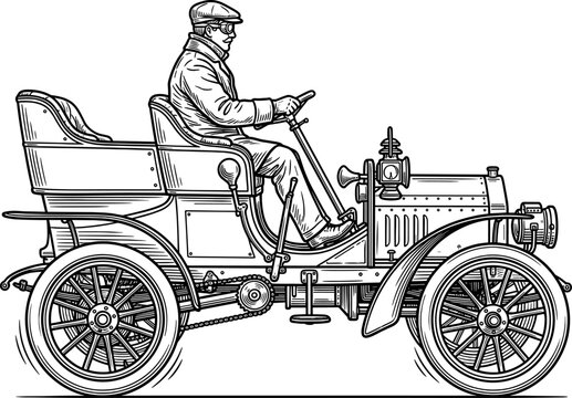 Early 20th-century open-top automobile with driver in goggles in a classic engraving