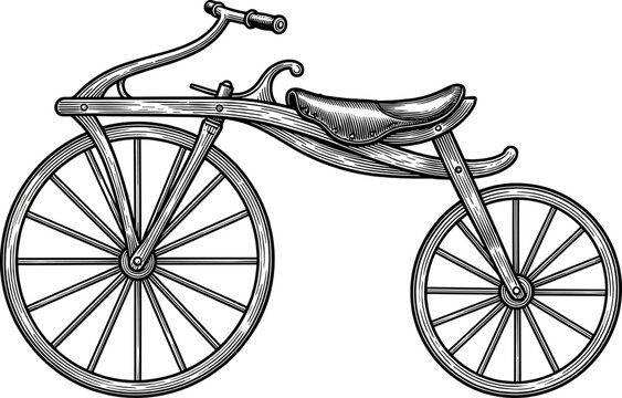 Early velocipede bicycle with wooden frame construction