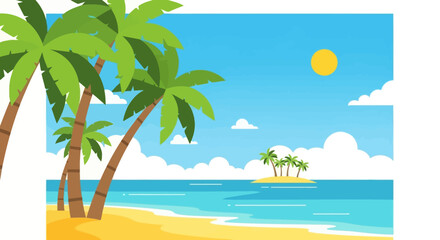 Tropical beach scene with palm trees and island © cika