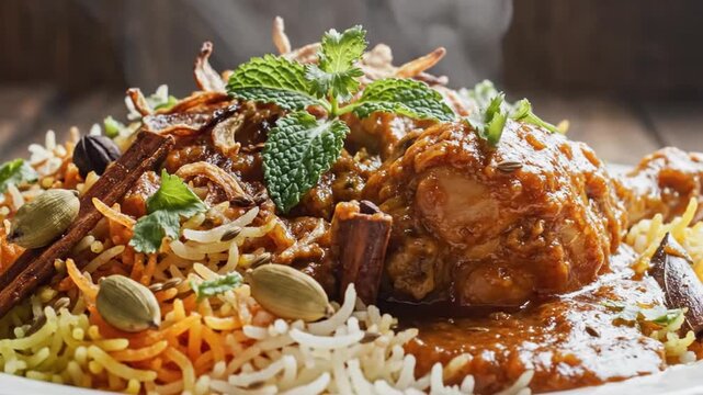 Steaming hot savory chicken curry served with aromatic rice garnished with fresh mint and assorted spices