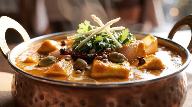 Delicious traditional Indian curry served in a rustic copper bowl with fresh herbs and spices