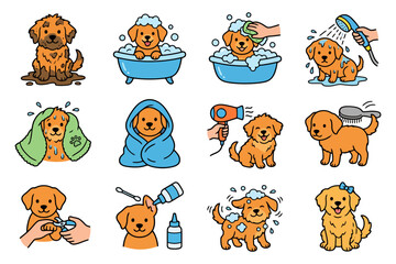 Obraz premium Adorable golden retriever puppy in various grooming and bathing activities.