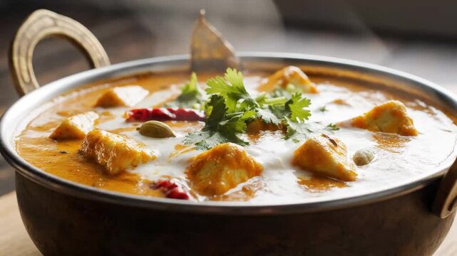 Rich, Creamy Chicken Curry with Fresh Cilantro and Spices in a Traditional Pan for Authentic Flavor