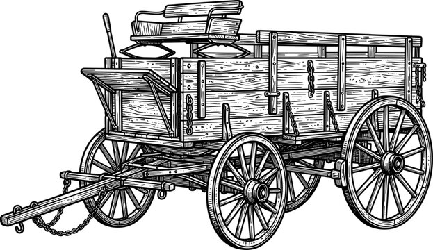 Horse-drawn wooden freight wagon vintage engraving