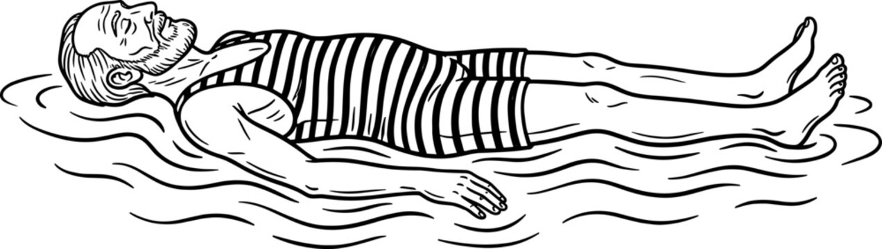 Individual in a striped swimsuit floating peacefully on his back in water line art illustration