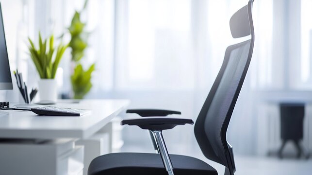 workstation. Modern office workspace featuring an ergonomic chair and minimalist design, highlighting productivity and comfort. real-estate listings.