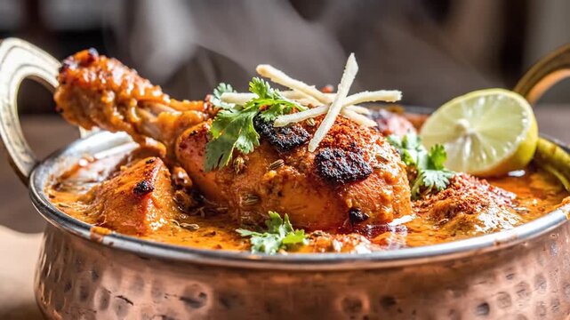Freshly served spicy chicken curry in traditional copper bowl with garnishes and lemon slices