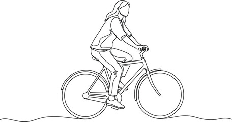 Fototapeta premium Woman riding bicycle line art vector illustration featuring healthy lifestyle outdoor transportation and recreational cycling activity concept