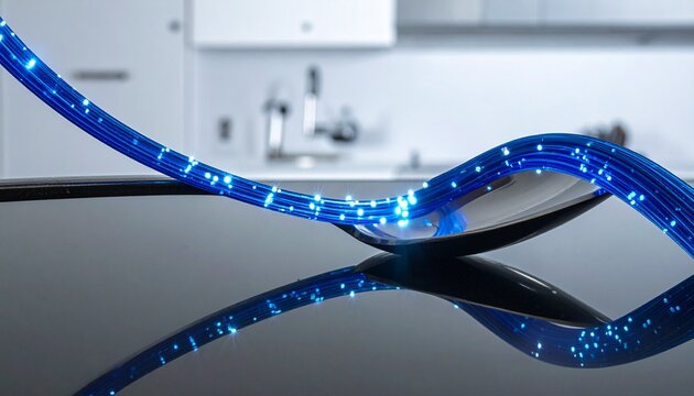 Metallic spoon on dark reflective surface, surrounded by glowing blue light trails, blending everyday object with futuristic digital energy, symbolizing contrast between ordinary life and high-tech in