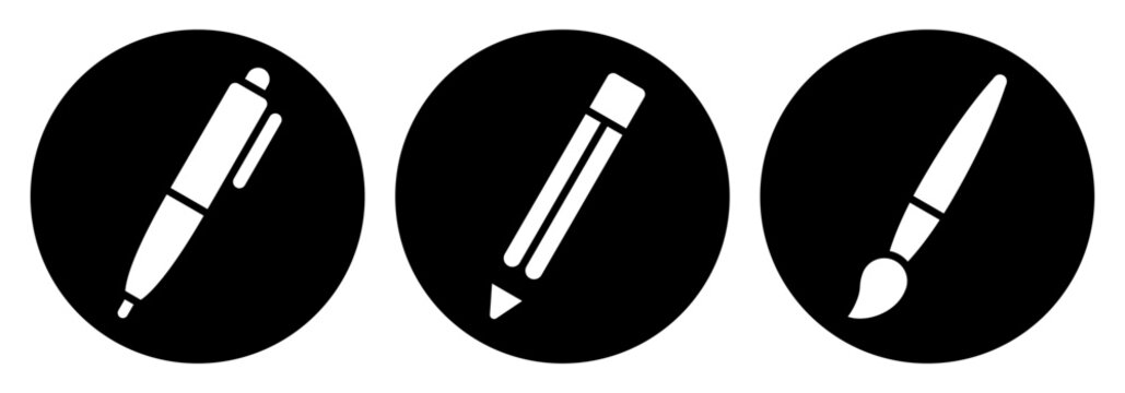 Pen, pencil and paintbrush icon set. Office tools collection.