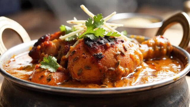 Close-up of delicious chicken curry dish garnished with cilantro in a rustic setting