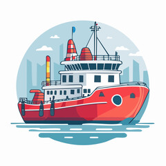 Fototapeta premium Illustration of a Red Tugboat in a Harbor with City Skyline