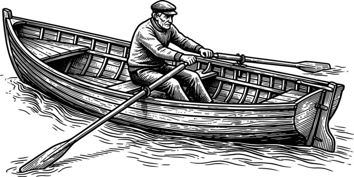 Man in a sweater rowing a wooden dory boat