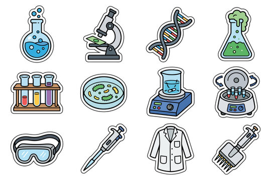 Colorful laboratory equipment stickers set with scientific icons.