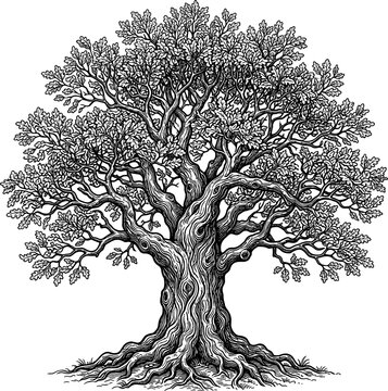 Mature oak tree with expansive leafy canopy and gnarled trunk in classic etching style