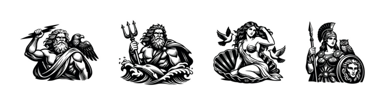 Ancient Greek Gods and Goddesses in a Stylized Black and White Illustration