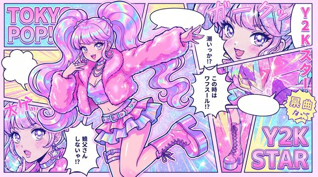 anime vibrant Y2K anime popstar illustration, stylish female idol wearing glossy pink faux fur jacket and platform boots, manga panel layout elements
