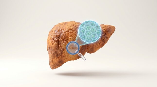 Human liver anatomy illustration with cellular detail and magnifying glass