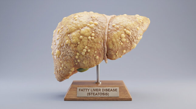 Fatty liver disease model with steatosis label medical illustration