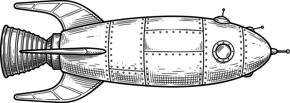 Mid-century style space rocket with riveted metal panels and landing fins