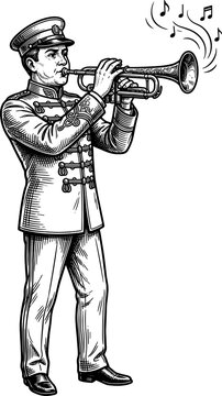 Military bugler in formal uniform blowing a brass trumpet