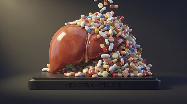 Liver overload conceptual illustration of medication toxicity and pharmaceutical burden