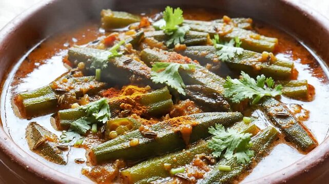 Delicious green beans cooked in rich spiced tomato sauce garnished with cilantro