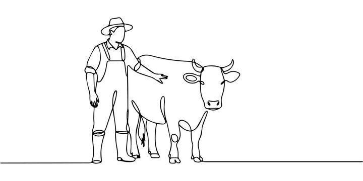 farmer   cow  continuous one line drawing, Continuous one line drawing young male farmer rubbing the cow while carrying a bucket of water. Successful farming activities minimalist concept. Single line