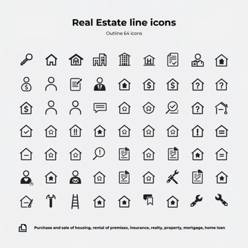 Real estate line icons: a comprehensive set for property transactions and services with speech bubble question mark check mark dollar sign property building purchase premises insurance