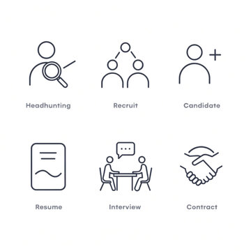 Line icon set for job recruitment process and employment with recruitment employment candidate interview headhunting contract magnifying business application selection agreement handshake