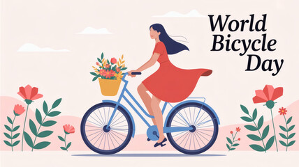 Fototapeta premium World Bicycle Day Flat Vector Illustration of Woman Riding Bike with Flowers in Pastel Style