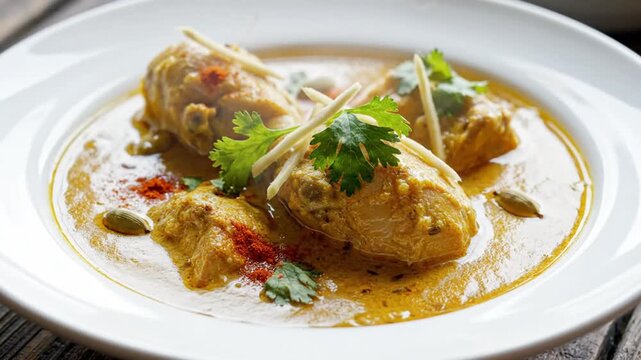 Delicious Indian Chicken Curry Served with Garnishes of Fresh Cilantro and Spices in a White Ceramic Plate