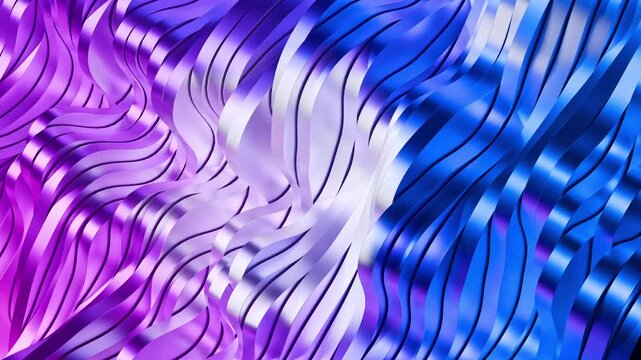 Abstract background of slices of wavy shiny metal gears in blue, and pink tones with a white core. Work in progress concept. Seamlessly loopable video