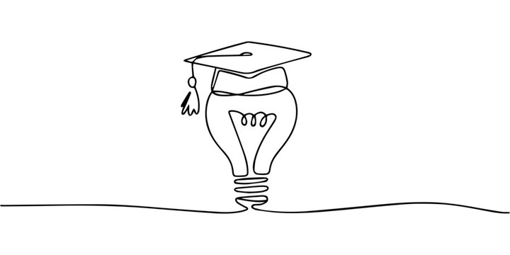 light bulb wearing a graduation mortarboard cap  continuous one line drawing, One single line drawing of bright lightbulb wearing graduation cap logo identity. Smart study academy logotype icon 