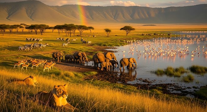 Breathtaking sunset view of the ngorongoro crater in tanzania featuring a pride of lions, a herd of elephants, zebras, and a flock of flamingos