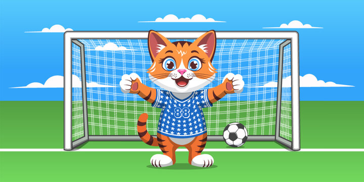 Vector cartoon funny comical cheerful and cute ginger kitten, goalkeeper, wearing sports starry shirt, standing in goal on field. Soccer ball. Game, nature and cat. Football toon fan. Feline champion