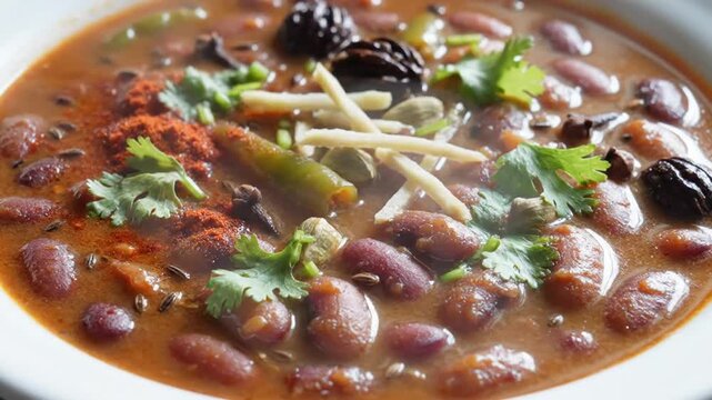 Close-up of a flavorful bowl of spicy bean soup garnished with cilantro and herbs