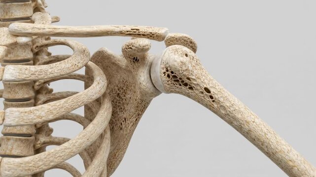 AI genereted video 3D illustration of human arm and shoulder bones showing severe osteoporosis and porous bone degradation against a light background