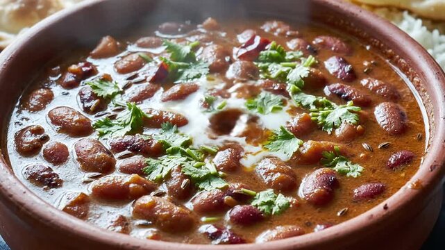 Close-up of flavorful bean and herb chili served in a rustic clay bowl perfect for hearty meals
