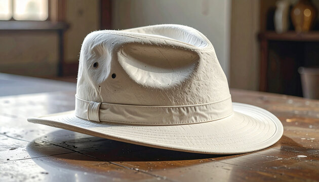 Tan hat on a wooden table