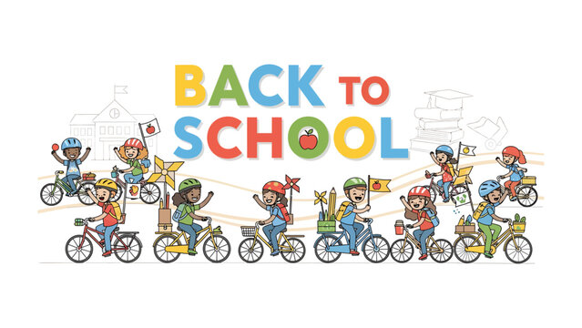 Back to School Bicycle Parade: A vibrant illustration depicts a diverse group of happy children riding bicycles, adorned with flags and banners.