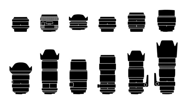 Lenses camera set with various focal lengths and designs featuring photography, wide-angle, telephoto with macro and portrait elements for landscape,