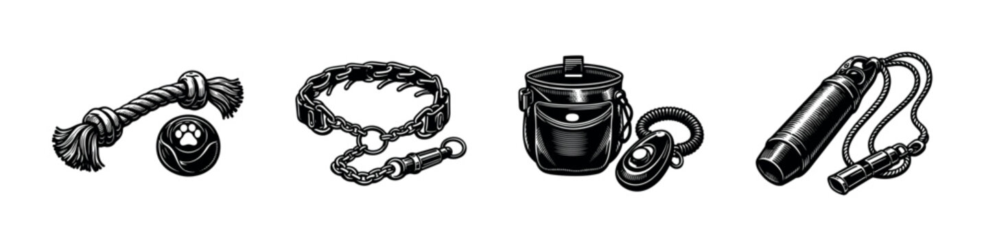 Collection of dog training tools including a prong collar, treat pouch, rope toy, and clicker