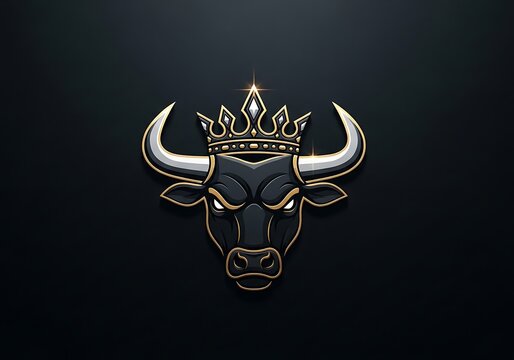 Angry bull head mascot with a shiny crown illustration on a dark background