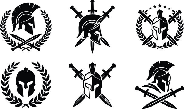 Black and White Spartan Helmet Vector Icons with Crossed Swords Laurel Wreath and Stars Set For Gladiator Mascot Logo Design