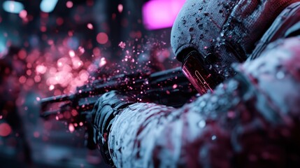 Fototapeta premium A soldier in action showcasing military prowess, highlighted by dramatic lighting and effects, encapsulating intensity and the adrenaline of combat scenarios.