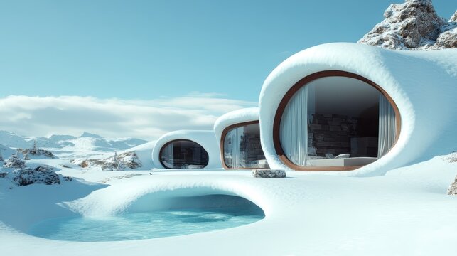 These unique snow-covered cabins, nestled in a winter landscape, showcase modern architectural design harmonizing with nature, offering serene and stylish living.
