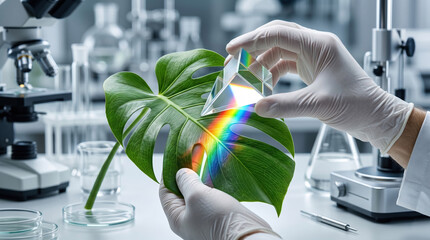 Fototapeta premium Scientist studies plant leaf with prism, creating rainbow spectrum in laboratory, symbolizing research for environmental sustainability.