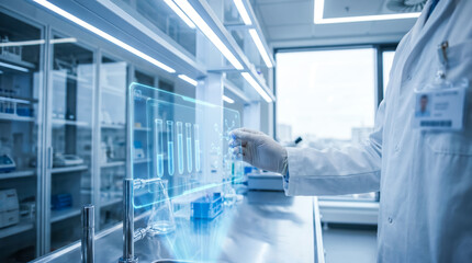 Obraz premium Scientist in lab coat interacting with futuristic holographic interface in modern hightech research laboratory