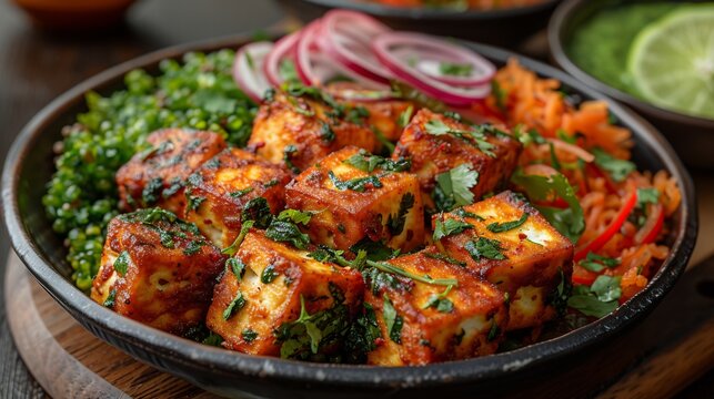 Desi keto lunch paneer tikka low carb vegetarian option vibrant spice clean minimal plating